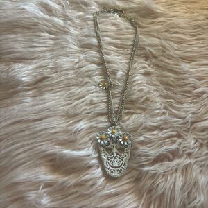 Betsey Johnson Silver Floral Sugar Skull Necklace with Yellow Flower Accents